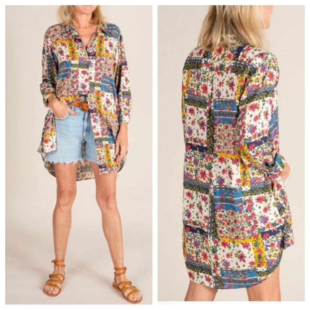 New! NATURAL LIFE patchwork Georgia Floral Long Sleeve Tunic Dress 38095